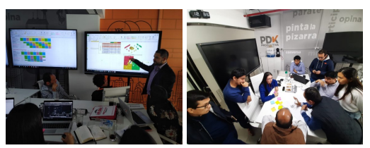 Figure 4: Photos of the work sessions of the integrated teams. The explanation of structure takt planning by the contractor is in the left photo and the Anchored walls integrated team on the right photo.